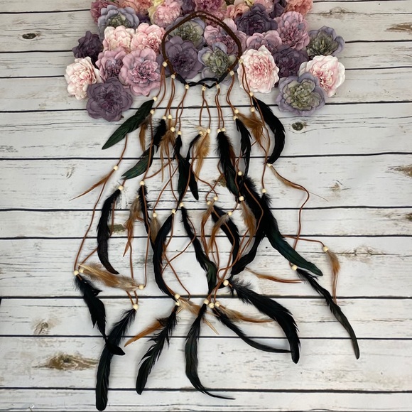 Boho Dark Green & Brown Feather Headdress - Picture 3 of 14